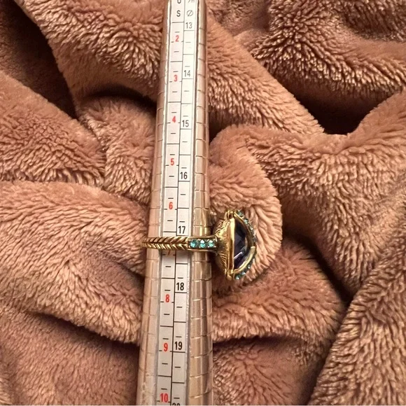 SZ 7 | Heidi Daus Vintage Gold, Teal, & Blue Oval-Cut Crystal Diamond Ring - Picture 9 of 11